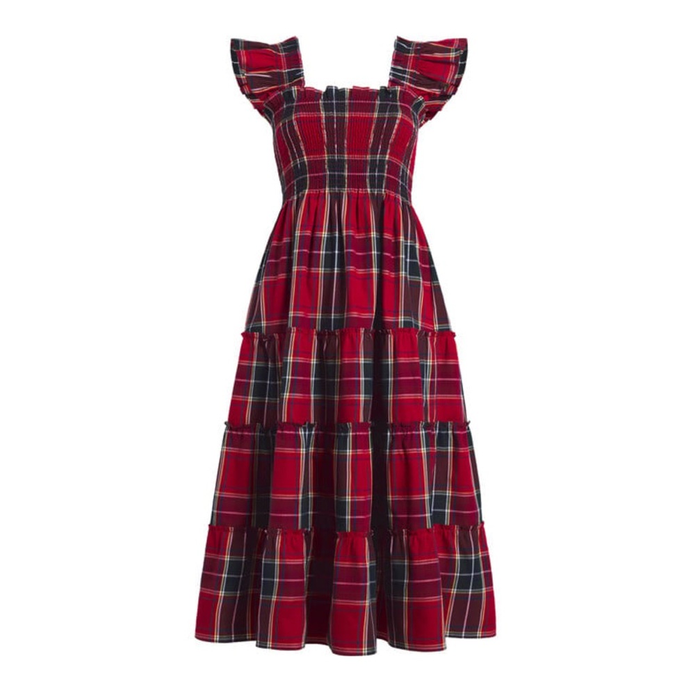 New! HILL HOUSE Ellie Nap Plaid Midi Dress in Red Tartan - Picture 2 of 12